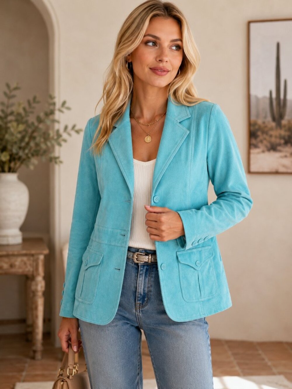 NWT Suede leather Jacket. LizClaiborne, blue, turquoise.S/M